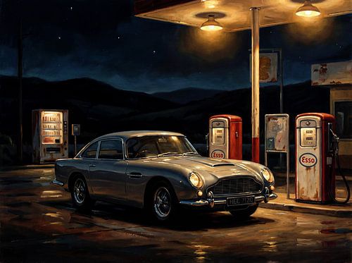 Vintage Aston Martin DB5 bij tankstation