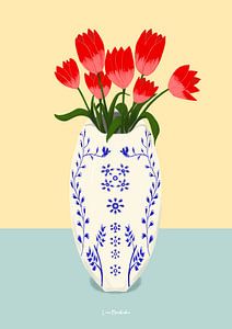 Tulpen in Delfts blauwe vaas van Linda van Moerkerken