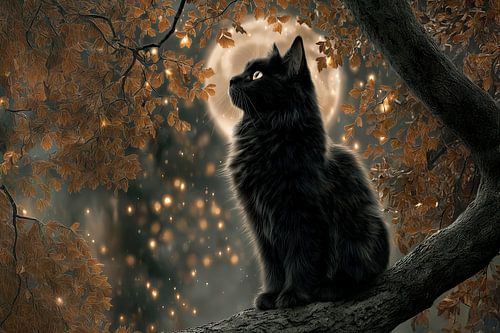 Black cat in the golden moonlight