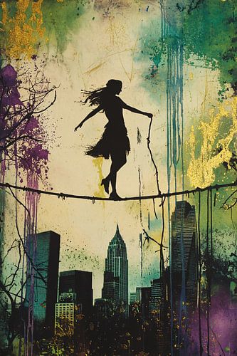 Koorddanseres boven stedelijke skyline