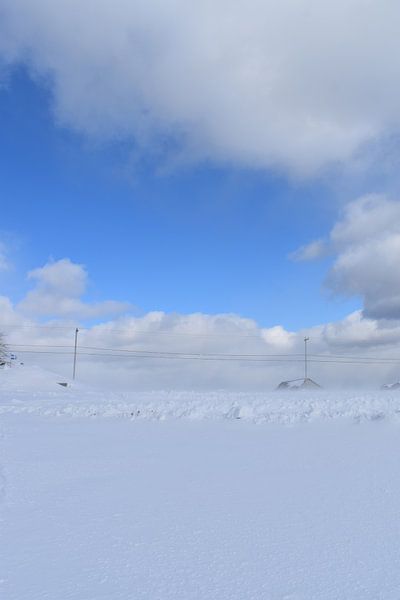 A snowy field under a blue sky by Claude Laprise