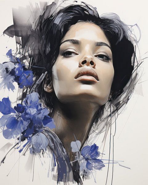 Portrait abstrait moderne d'une femme avec des fleurs. par AVC Art Studio