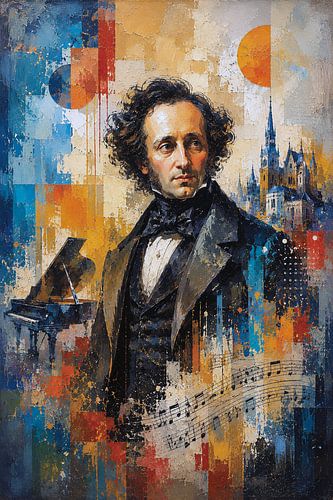 Felix Mendelssohn; componist, pianist en dirigent schilderij.