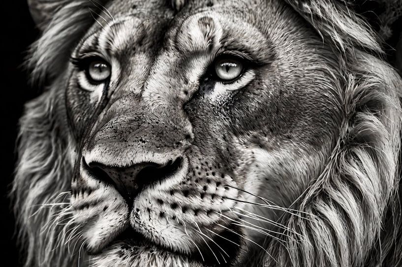 Portrait hyperréaliste d'un lion en gros plan par Art & Soul Creations