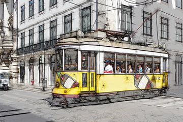 A historic tramway travels through the old town of Lisbon by Berthold Werner