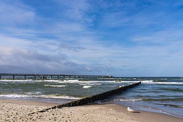 Buhne en pier aan de kust van de Oostzee bij Graal Müritz van Rico Ködder