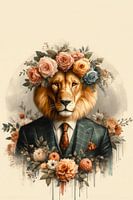 Portrait d'un lion avec des fleurs