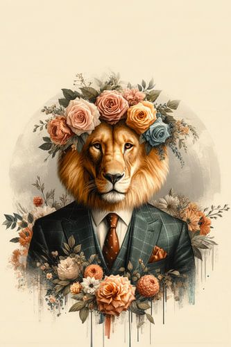 Portret leeuw met bloemen