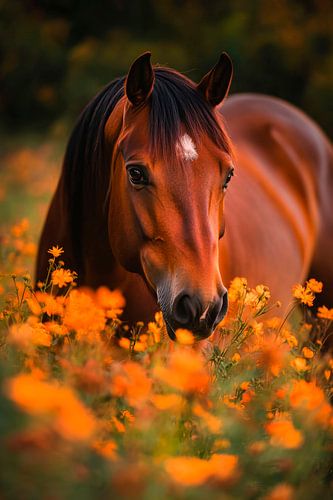Paard in een zee van bloemen
