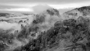 Meteora Monasteries - cloudy morning with haze - black and white by Teun Ruijters