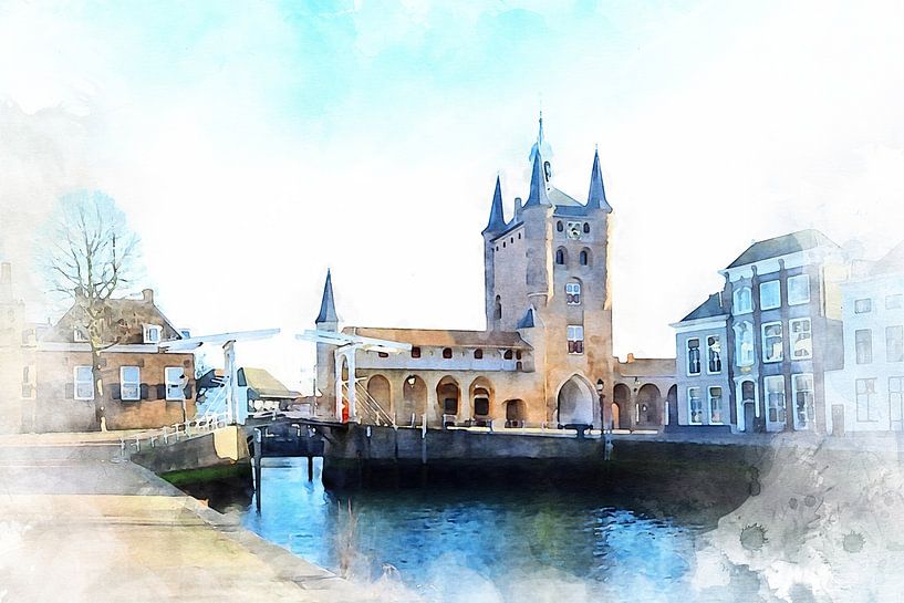 Watercolour on canvas of the Zuidhavenpoort in Zierikzee, Zeeland by Danny de Klerk