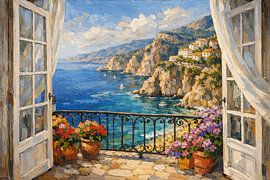 Schilderij met uitzicht op de Middellandse Zeekust vanaf het balkon van Dodik Hariyono