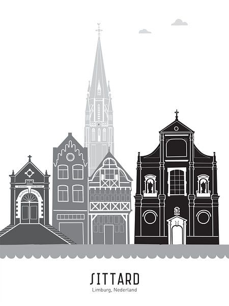 Skyline-Illustration der Stadt Sittard in schwarz-weiß-grau von Mevrouw Emmer