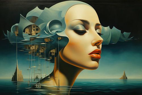 Landschap surrealistisch abstract en bizarre met vrouwelijk beeld