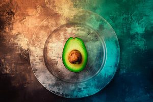 Küchenkunst: Eine halbe Avocado auf einem rustikalen Metallteller