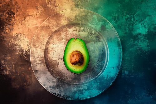 Kitchen Art: Half an avocado on a rustic metal plate by Studio Pieternel