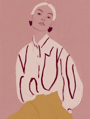 Modern portrait in pink and ochre yellow by Carla Van Iersel