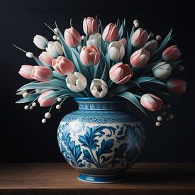 Delfst blaue Vase mit pastellfarbenen Tulpen von Lia Morcus