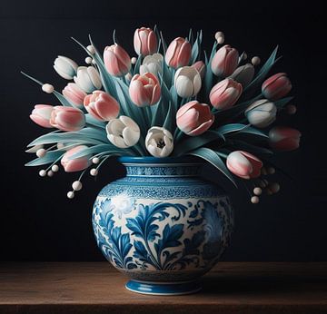 Delfst blaue Vase mit pastellfarbenen Tulpen