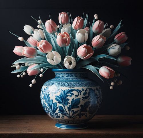 Vase bleu de Delft avec tulipes pastel sur Lia Morcus