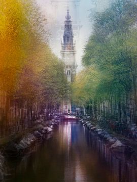 Gracht met Zuiderkerk toren in Amsterdam van August Langhout
