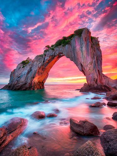 Zonsondergang met rotsen op het strand