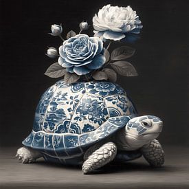 Tortue en faïence de Delft décorée de fleurs sur PixelMint.