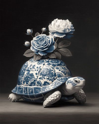 Delft blue tortoise with flowers