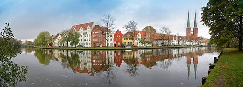Cityscape, old town of Luebeck in Germany, wide panoramic view from the famous Malerwinkel, that mea