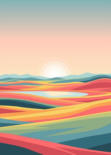 Illustration vectorielle minimaliste représentant des collines et des montagnes aux couleurs vives et éclatantes, sous un coucher de soleil serein