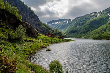 Maison rouge dans les montagnes norvégiennes