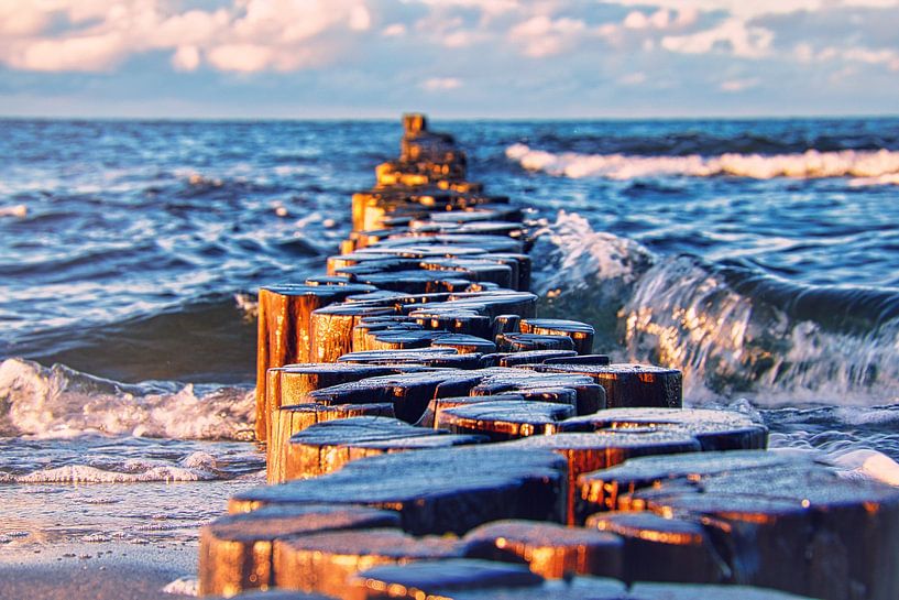 Buhnen am Stand von Zingst auf Fischland Darß. Die Buhnen ragen über das Meer in den Horizont hinein von Martin Köbsch