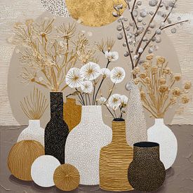 Bloemen Vazen | Floral Elegance in Gold van Blikvanger Schilderijen