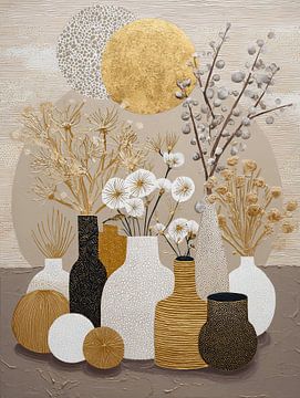 Blumenvasen | Florale Eleganz in Gold von Blickfänger Gemälde