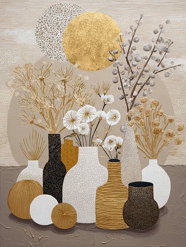 Flower Vases | Floral Elegance in Gold by Eye catching paintings