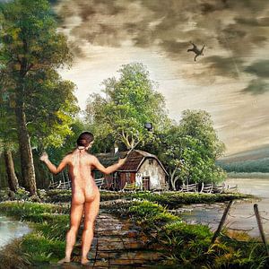 Landschaft mit Frau und fallendem Mann