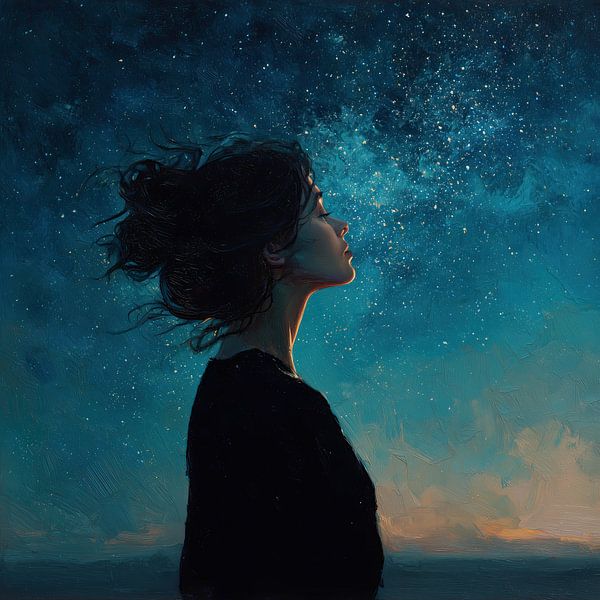 Portrait d'une femme regardant un ciel étoilé par Blues & Hues