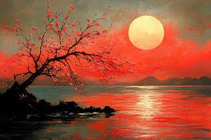 japanische malerei landschaft mit aufgehender sonne