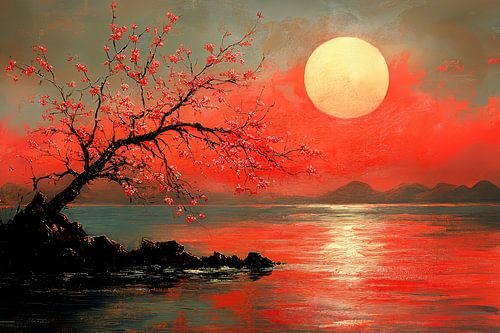 japanse schilderkunst landschap met rijzende zon