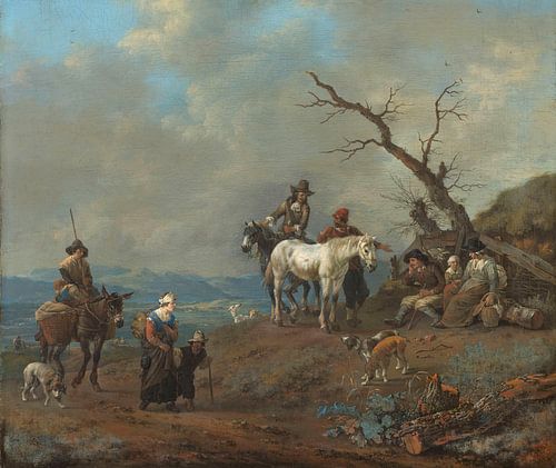Country road with hunter and countrymen, Johannes Lingelbach