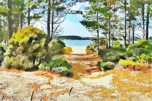 Digitale Malerei einer Sandverwehung mit einem Weg zwischen den Bäumen zu einem See