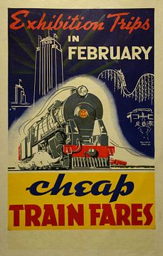 Werbeplakat für eine Reise zu einer Ausstellung mit dem Zug in Neuseeland, 1940