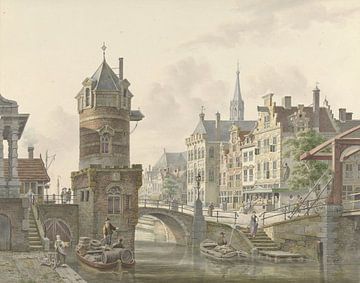 Kanal in einer Stadt mit einem kleinen Turm bei einer Steinbrücke, Jan Hendrik Verheijen