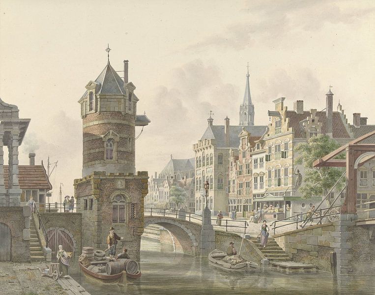 Canal dans une ville avec une petite tour près d'un pont de pierre, Jan Hendrik Verheijen par Des maîtres magistraux
