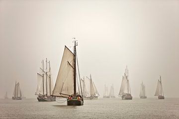 Panorama of boats of the Brown Fleet in the fog by Frans Lemmens