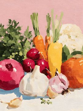 Stilleben mit Gemüse auf zartrosa Hintergrund von Gypsy Galleria