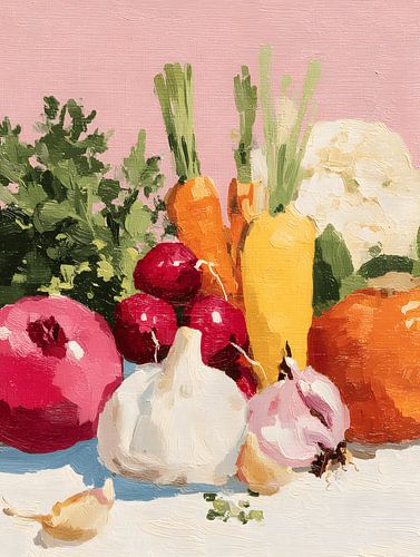 Stilleben mit Gemüse auf zartrosa Hintergrund von Gypsy Galleria