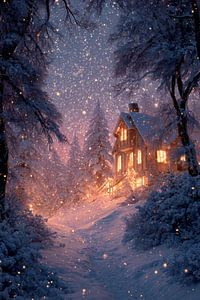 Winterhaus im fallenden Schnee Warmes Glühen in der Stille
