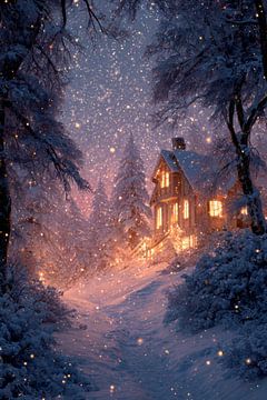 Maison d'hiver dans la neige tombante Lueur chaude dans le silence