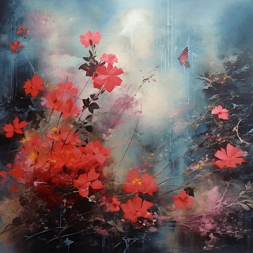 Abstract sea of flowers with butterfly